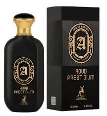 A bottle of Alhambra Aoud Prestigium 100ml Eau De Parfum by Mason Alhambra with a box next to it.