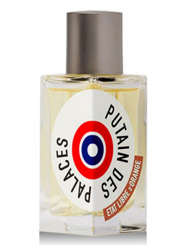 A bottle of ETAT Libre d'Orange Putain des Palaces 100ml, unboxed, features a silver cap and a label displaying "Putain des Palaces," embellished with a red, white, and blue circular design. This floral scent offers an intriguing blend that makes it a standout in any fragrance collection.