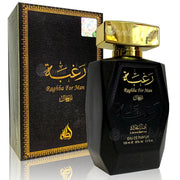 An oriental fragrance for men, Lattafa Raghba for Man Limited Edition 100ml Eau De Parfum by Lattafa, packaged in a sleek black bottle.