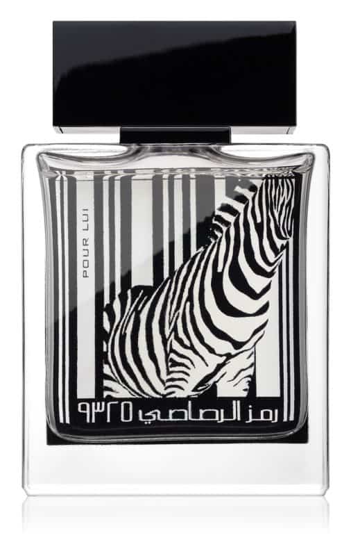 The Rasasi Rumz Al Rasasi pour lui Zebra 9325 Eau De Parfum, by the brand Rasasi, comes in a square bottle with a black cap and features an eye-catching zebra design along with Arabic text. This distinctive men's fragrance elegantly combines style and sophistication in its presentation.