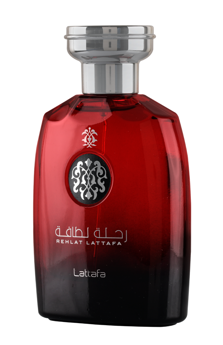 A bottle of Lattafa Rehlat 100ml Eau de Parfum by Lattafa on a black background.