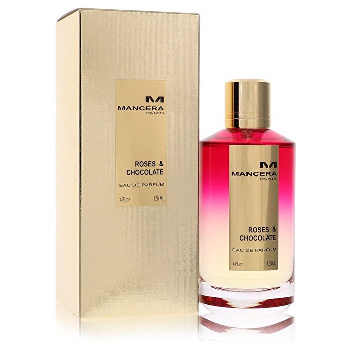 A Mancera Roses & Chocolate 120ml Eau De Parfum with a box next to it.