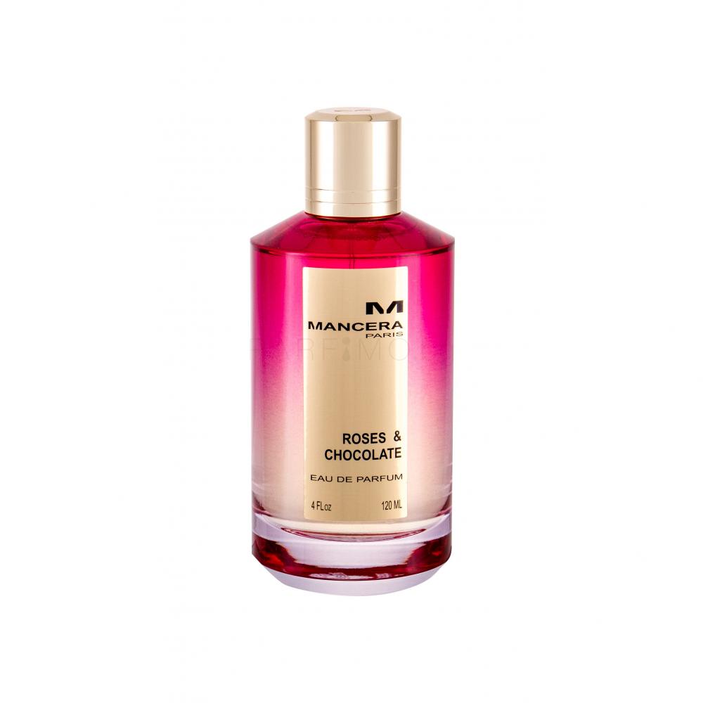 Mancera's fragrance, Mancera Roses & Chocolate 120ml Eau De Parfum, captures the essence of a bottle of rose and chocolate cologne.