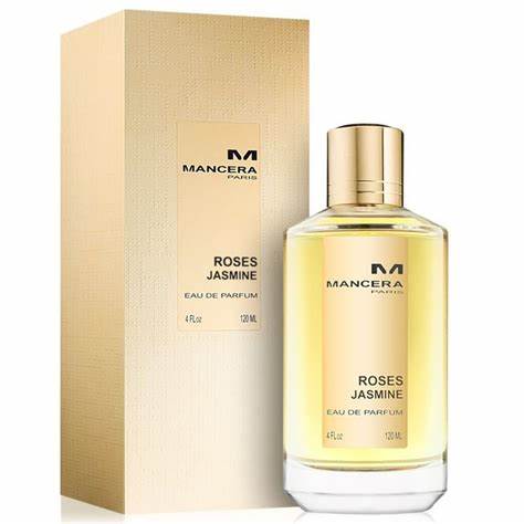 A bottle of Mancera Roses Jasmine 120ml Eau De Parfum by Mancera in front of a box.