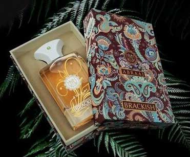 A bottle of Paris Corner Abraaj Brackish 100ml Eau De Parfum by Dubai Perfumes, sitting on top of a leaf.