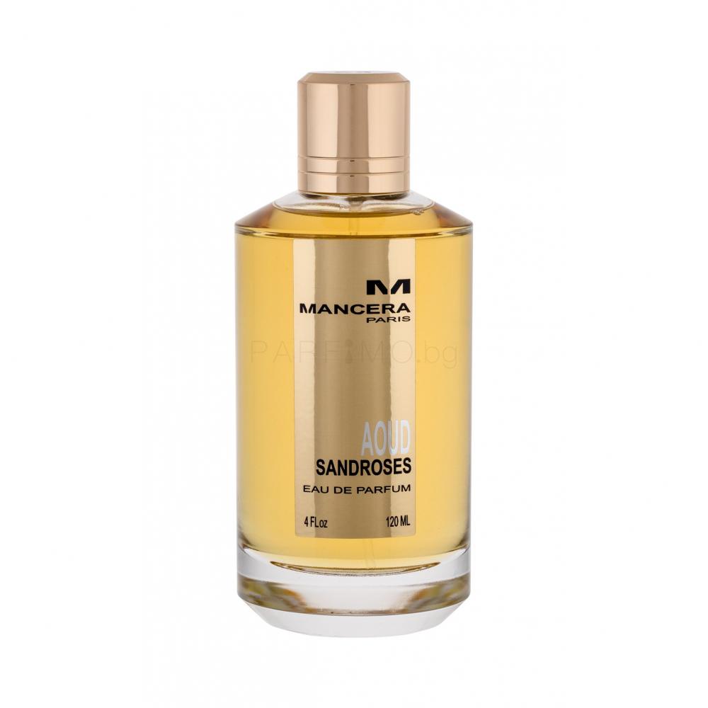 A bottle of Mancera Aoud SandRoses 120ml Eau De Parfum on a white background.