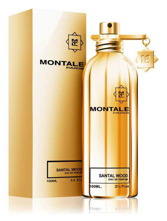 Gold bottle of Montale Paris Santal Wood 100ml Eau De Parfum, displayed next to its matching gold box, showcasing the exquisite fragrance from Montale Paris.