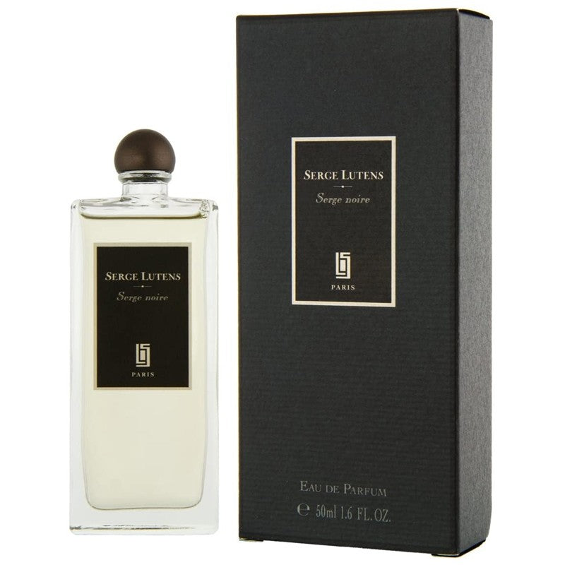 A bottle of Serge Lutens Serge Noire 50ml Eau De Parfum from Rio Perfumes, with a box next to it.