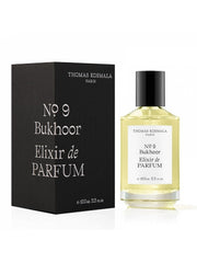 A 100 ml bottle of Thomas Kosmala No.9 Bukhoor Elixir De Parfum 100ml, a luxurious unisex perfume featuring an Amber fragrance, is elegantly displayed next to its black packaging box.