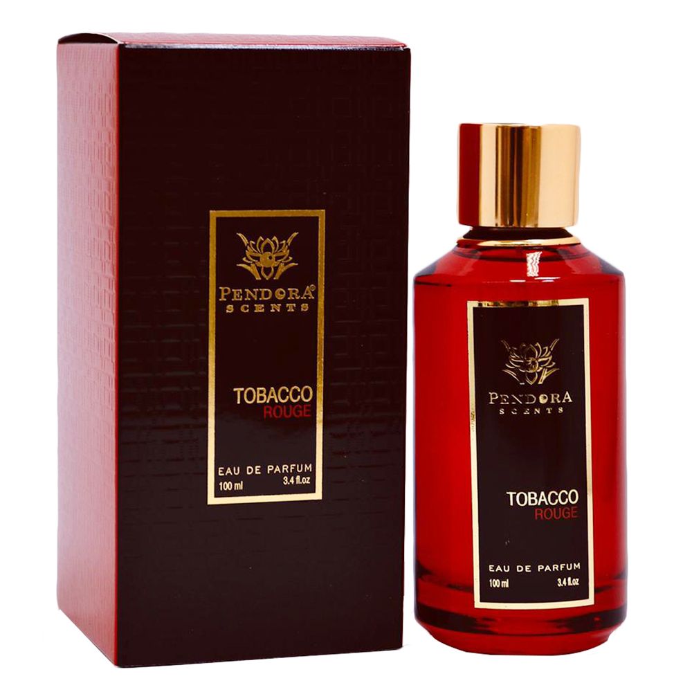 A bottle of Pendora Tobacco Rouge 100ml Eau de Parfum next to a box.