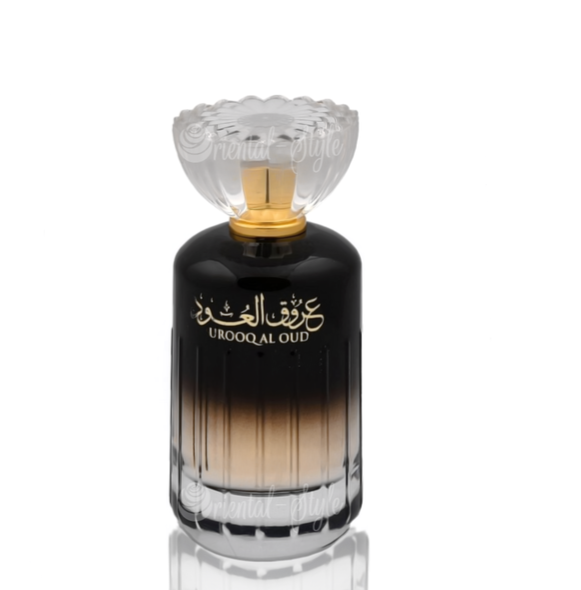 A Lattafa Urooq Al Oud 100ml Eau De Parfum bottle on a white background.