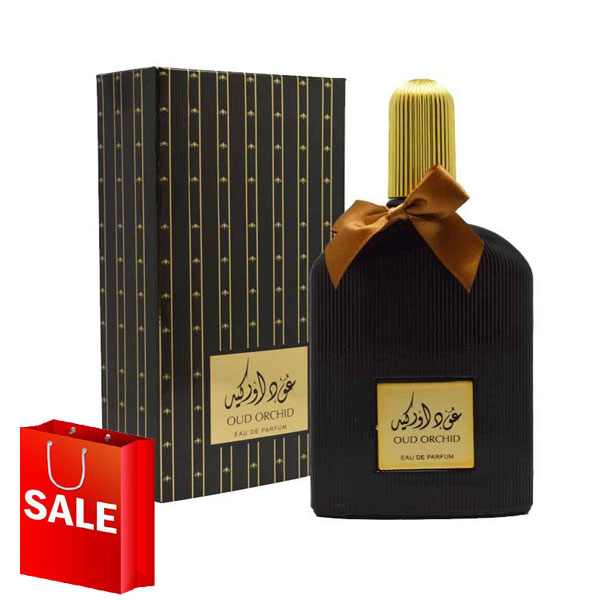 A shopping bag next to a Suroori Oud Orchid 100ml Eau De Parfum perfume bottle, emitting a captivating Fragrance of Eau De Parfum.