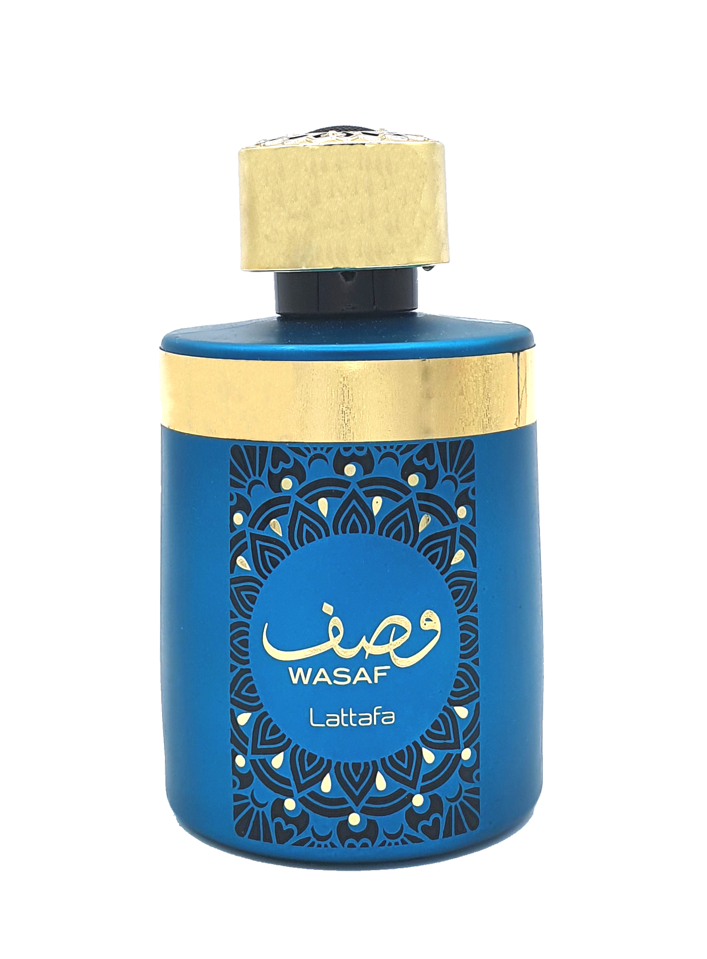 A bottle of Lattafa Wasaf 100ml Eau de Parfum by Lattafa, a blue perfume with Arabic writing on it.