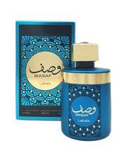 A bottle of Lattafa Wasaf 100ml Eau de Parfum by Lattafa in a blue box, exuding a captivating blue fragrance.