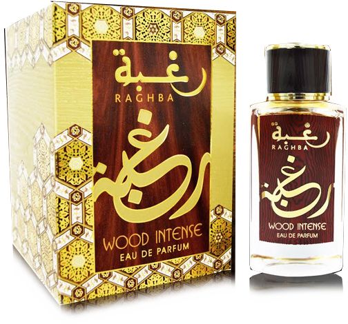 A box with a bottle of Lattafa Raghba Wood Intense 100ml Eau De Parfum by Lattafa.